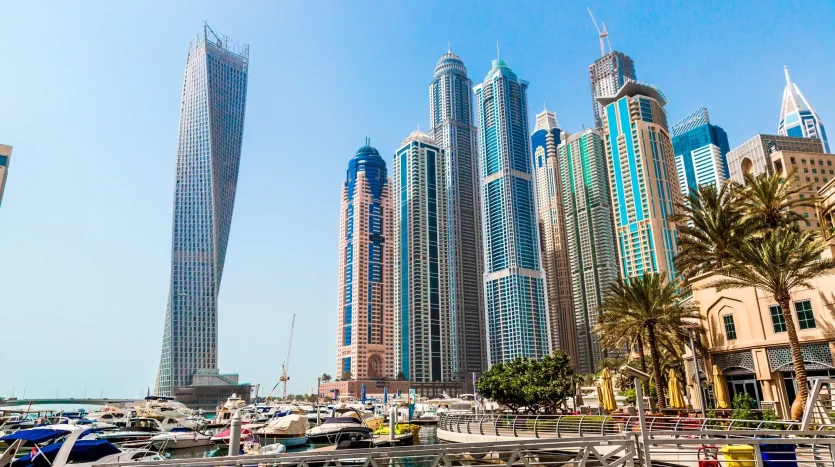 This image shows a view of skyscrapers in Marina Crown Dubai.