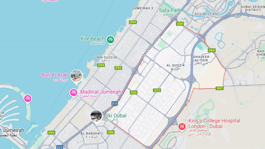 This image is a map showing the location of Al Quoz and the surrounding areas.